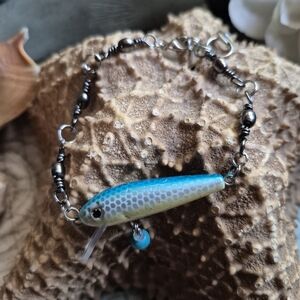 Handmade Blue and Silver Fishing Lure Charm Bracelet
